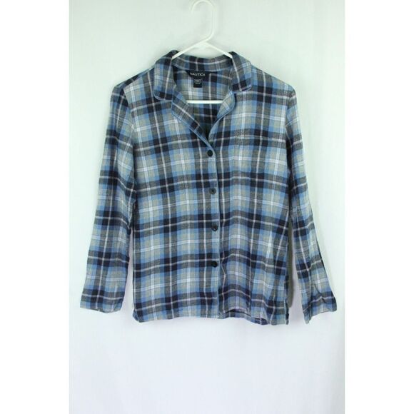 Nautica Flannel Pajama Top Shirt Blue Plaid Size Small Button Front - Picture 1 of 4